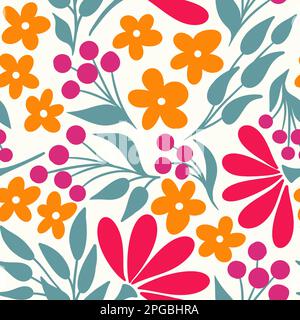 Handgezeichnetes Nahtloses Muster mit Retro-Blumen, Vintage-Blumendesign mit roten orangefarbenen Blumen, salbeigrünen Blättern auf cremefarbenem Hintergrund. Natürlicher, farbenfroher Stoffdruck für Tapetentextilien im 50s 50s-Stil Stockfoto