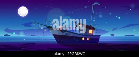 Cartoon-Yacht, die im Nachtschiff schwimmt. Vektordarstellung eines kleinen Fischerboots, beleuchtet mit Girlande, Silhouetten von Schiffen am Horizont, Vollmond, hell am dunklen Sternenhimmel. Seereisen Stock Vektor