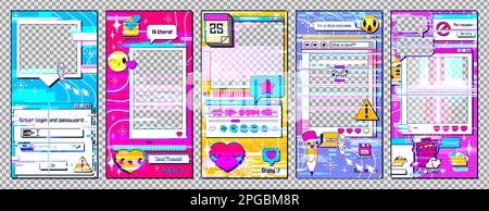 Gruppe der Systemfehlerfenster für rückwirkende Gadgets. Vektordarstellung verzerrter vertikaler Software-Fenster im 90s-Stil für mobile App, Fehlerwarnung, Fehler beim Laden, Fehler bei der Anmeldung, Emoji- und Ordnersymbole Stock Vektor