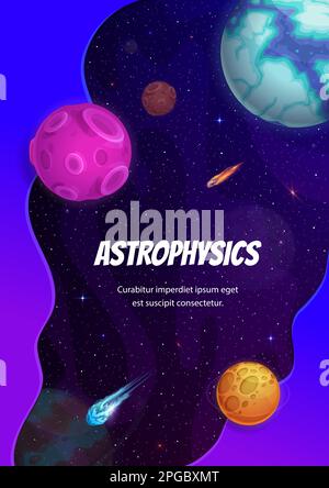 Astrophysik-Poster mit Sternengalaxie und Planeten im Weltraum, Vektorcartoon-Kosmos. Galaxy-Universum-Erforschung und Weltraumforschung von Solar sy Stock Vektor