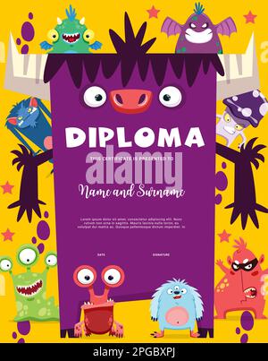 Kinderdiplom mit Comic-lustigen Monstern und Kreatur-Figuren, Vektor-Kindergärten-Zertifikat. Fröhliche, bizarre Alien-Monster, pelziger Yeti und Gre Stock Vektor
