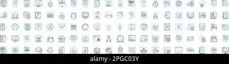 Programmieren der Vektorliniensymbole. Programmierung, Codierung, Skripterstellung, Codierungssprache, Algorithmus, Debugging, Software-Illustration, Konzept Stock Vektor