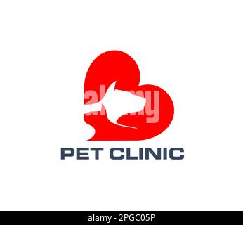 Haustier-Kliniksymbol von Katzen- und Hundetieren in roter Herzvektorsilhouette. Veterinärmedizin und Tierpflegekrankenhausemblem mit Köpfen von Hund, Katze, Welpen Stock Vektor
