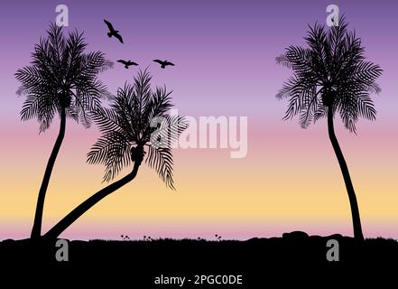 Drei Kokosnussbäume im violetten Sonnenuntergang mit Vögeln, die darüber fliegen Stock Vektor