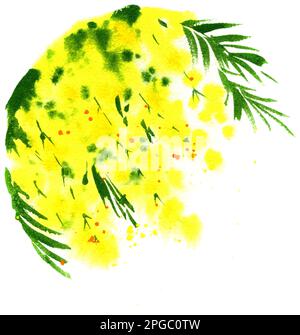 Aquarell gelbe Mimosenblüten, Handzeichen, Frühling, Romantik. Ideal für Postkarten, Hochzeiten, romantisches Design Stockfoto
