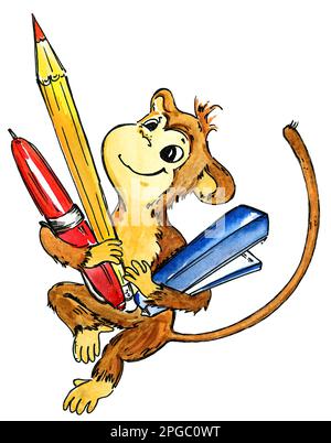 Von Hand zeichnen Aquarell lustige Äffchen Schreibwaren Illustration Stockfoto