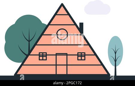 Ein dreieckiges Vektorhaus mit einem Kamin und Bäumen um die Stufen 10. Vektorungewöhnliches Haus unregelmäßiger Form im Wald mit Wolken im Hintergrund Stock Vektor
