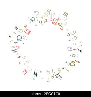Rundes Muster handgeschriebener Zahlen von Null bis neun. Mathematischer Hintergrund von zufällig platzierten verschiedenen Zahlen. Vektorbildungs-Schultempl Stock Vektor