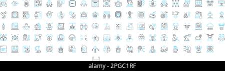 Robotitcs-Vektorliniensymbole eingestellt. Robotik, Automatisierung, KI, programmierbar, Maschinen, Autonom, Netzwerkdarstellung umreißt Konzeptsymbole und -Zeichen Stock Vektor