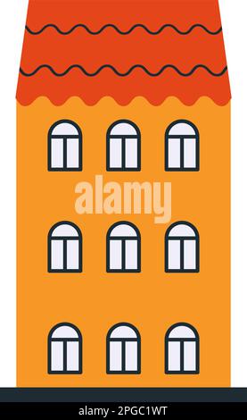 Dreistöckiges gelbes Vector-Haus mit braunem Schiefer, 10. Platz, großes Vector-Haus mit 3 Fenstern auf jeder Etage, 10. Platz Stock Vektor