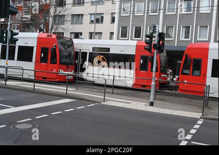 Köln, Deutschland. 19. März 2023. KVB Köln Straßenbahnen auf einer Fußgängerebene, die den Kredit überqueren: Horst Galuschka/dpa/Alamy Live News Stockfoto