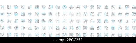 Zahnpflege-Vektorliniensatz. Zahnheilkunde, Mundheilkunde, Zähne, Hygiene, Putzen, Zahnseide, Füllungen Illustration umreißt Konzeptsymbole und -Zeichen Stock Vektor