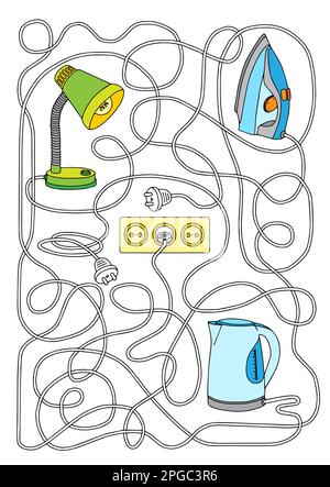 Labyrinth für Kinder: Entwirren Sie das Kabel, um herauszufinden, welches Gerät eingeschaltet ist Stock Vektor
