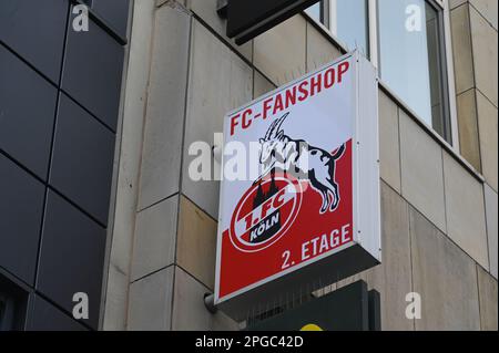 Köln, Deutschland. 19. März 2023. Logo, Schriftzug Fanshop des Fußballvereins 1. FC Köln Credit: Horst Galuschka/dpa/Alamy Live News Stockfoto