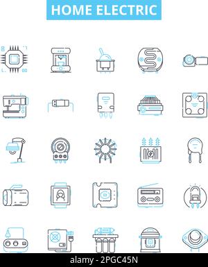 Symbole für elektrische Vektorlinien für Zuhause eingestellt. Geräte, Heizung, Beleuchtung, Luft, Lüfter, Verdrahtung, Steckerabbildung umreißt Konzeptsymbole und Schilder Stock Vektor