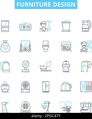 Vektorlinien-Symbole für Möbeldesign eingestellt. Möbel, Design, Polsterung, Stuhl, Tisch, Sofa, Querschnittsdarstellung, Konzeptsymbole und Schilder Stock Vektor