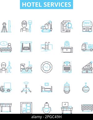 Hotel Services Vektorliniensymbole gesetzt. Unterkunft, Annehmlichkeiten, Restaurants, Catering, Spa, Pool, Schwimmdarstellung umrissen Konzeptsymbole und Stock Vektor
