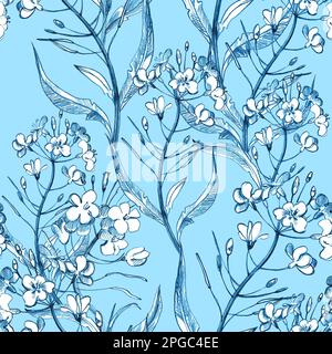 Zeichnen Sie Blumen mit nahtlosen Mustern von Hand im Vintage-Stil. Blumen, Blätter und Kräuter. Botanische Illustrationen. Stockfoto