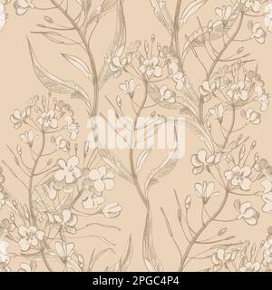 Zeichnen Sie nahtlose Blumenmuster von Hand im Vintage-Stil. Blumen, Blätter und Kräuter. Botanische Illustrationen. Stockfoto