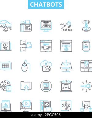 Symbole für Chatbots-Vektorlinien festgelegt. Chatbots, KI, Automatisierung, Dialog, Konversation, Virtuelle NLP-Darstellung umreißt Konzeptsymbole und -Zeichen Stock Vektor