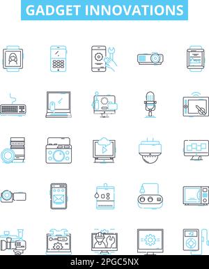 Vektorlinien-Symbole für Gadget-Innovationen. Technik, Gadgets, Innovation, Robotik, Smartphone, KI, Darstellung der Wearables umreißt die Symbole und Stock Vektor