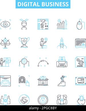 Symbole für digitale Geschäftsvektorlinien festgelegt. Digital, Business, E-Commerce, Marketing, Werbung, Online, Retail Illustration umreißt Konzeptsymbole und Stock Vektor