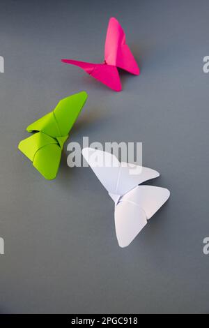 Grün, rosa und weiß Papier Schmetterling Origami isoliert auf einem weißen grauen Hintergrund. Stockfoto