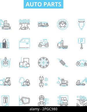 Automatische Teile Vektorliniensymbole eingestellt. Auto, Auto, Teile, Reifen, Batterie, Symbole und Schilder zur Darstellung des Kühlers und des Öls Stock Vektor