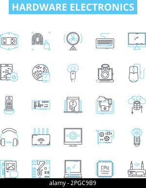 Hardware Elektronik Vektorliniensymbole gesetzt. Hardware, Elektronik, Komponenten, Computer, Prozessoren, Motherboards, GPUs-Illustration, Konzept Stock Vektor