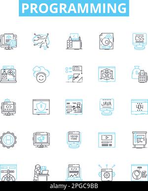 Programmieren der Vektorliniensymbole. Programmierung, Codierung, Skripterstellung, Codierungssprache, Algorithmus, Debugging, Software-Illustration, Konzept Stock Vektor
