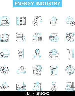 Symbole für Vektorlinien in der Energieindustrie festgelegt. Energie, Industrie, Öl, Solar, Wind, Darstellung von Konzeptsymbolen und Schildern in der Nuklear- und Wasserkraft Stock Vektor