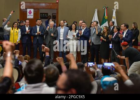 Nicht exklusiv: 21. März 2023 Toluca Mexico : Alejandra del Moral Vela stellte ihren Registrierungsantrag beim Electoral Institute of the State Stockfoto