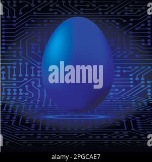 Frohe ostern. Blaues leuchtendes Ei auf dem Hintergrund einer Leiterplatte. Vektordarstellung. Stock Vektor