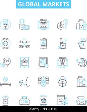 Vektorliniensymbole für globale Märkte festgelegt. Märkte, Global, Handel, Börse, Aktien, Währung, Warendarstellung, Konzeptsymbole und -Zeichen Stock Vektor