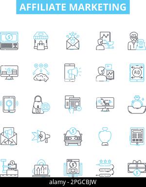 Affiliate-Marketing-Vektorlinien-Symbolsatz. Affiliate, Marketing, Netzwerk, Online, Provision, Programm, Kontursymbole für digitale Illustration Stock Vektor