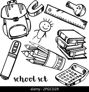 Zeichnen Sie von Hand ein Set mit verschiedenen Fächern zum Thema, Strichzeichnungen, Skizzen; isoliert; schwarz auf weißem Hintergrund Stockfoto