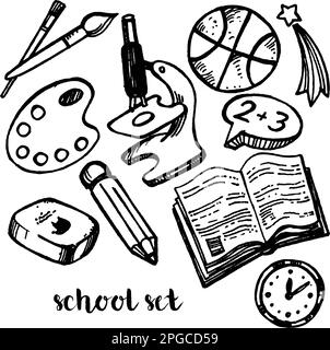 Zeichnen Sie von Hand ein Set aus verschiedenen Fächern zum Thema Schule, Strichzeichnungen, Skizzen; weiß und schwarz Stockfoto