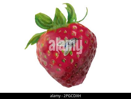 Eine gemalte Erdbeere mit Fliege Stockfoto