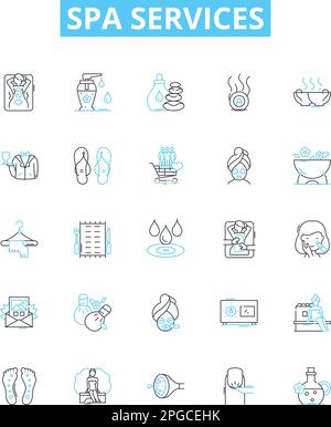 Spa-Services Vektorlinien-Symbole gesetzt. Massage, Gesichtspflege, Pediküre, Maniküre, Wachsen, Sauna, Scrubs Illustration umreißt Konzeptsymbole und Schilder Stock Vektor