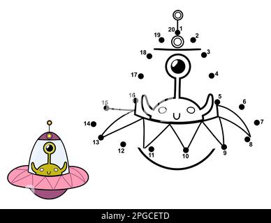 Verbinde die Punkte und zeichne ein süßes Alien in der fliegenden Untertasse. Punkt-zu-Punkt-Spiel mit Leerzeichen Stock Vektor