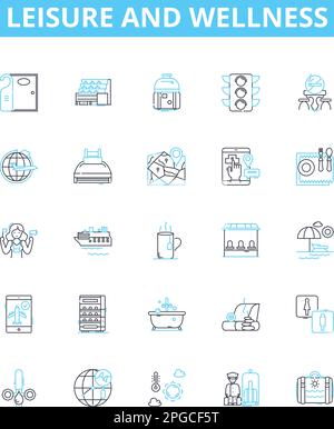 Symbole für Freizeit- und Wellness-Vektorlinien festgelegt. Freizeit, Wellness, Entspannung, Urlaub, Fitness, Fun, Gesundheit Illustration Konzipierung Symbole und Stock Vektor