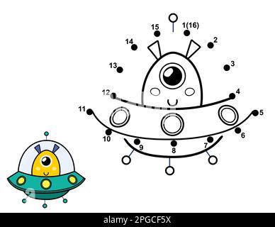 Verbinde die Punkte und zeichne ein süßes Alien in der fliegenden Untertasse. Punkt-zu-Punkt-Spiel mit Leerzeichen Stock Vektor