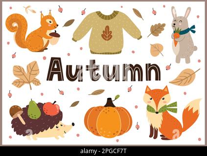 Herbstliche Hintergrundmusik mit niedlichen Waldtieren und Blättern. Banner für die Herbstsaison im Cartoon-Stil Stock Vektor