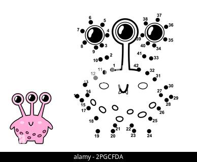 Verbinde die Punkte und zeichne eine süße außerirdische Figur. Werde Teil der Zahlen-Aktivitätenseite mit lustigem Monster Stock Vektor
