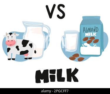 Gemüsemilch vs. Kuhmilch Was ist nützlicher als Soja, Reis, Hafer, Kokosnuss, Mandel, Cashew, Haselnuss. Natürliches, pflanzliches, ökologisches Produkt. Lactose fr Stock Vektor