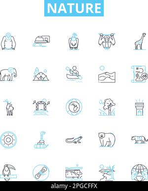 Symbole für Naturvektorlinien festgelegt. Wild, Natur, Umgebung, Landschaft, Bäume, Gräser und Blumen zeigen Symbole und Schilder Stock Vektor