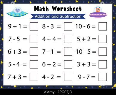 Mathematisches Arbeitsblatt für Kinder. Subtraktion. Mathematikseite des Weltraums mit süßen Außerirdischen Stock Vektor