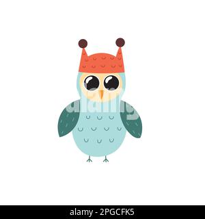 Süße Eule mit rotem Hut. Komischer Waldcharakter, isoliertes Element. Herbst- oder Winterklima Stock Vektor