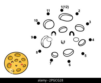 Verbinde die Punkte und zeichne eine niedliche Mondfigur. Punkt-zu-Punkt-Spiel mit Leerzeichen Stock Vektor