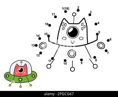 Verbinde die Punkte und zeichne ein süßes Alien in der fliegenden Untertasse. Punkt-zu-Punkt-Spiel mit Leerzeichen Stock Vektor